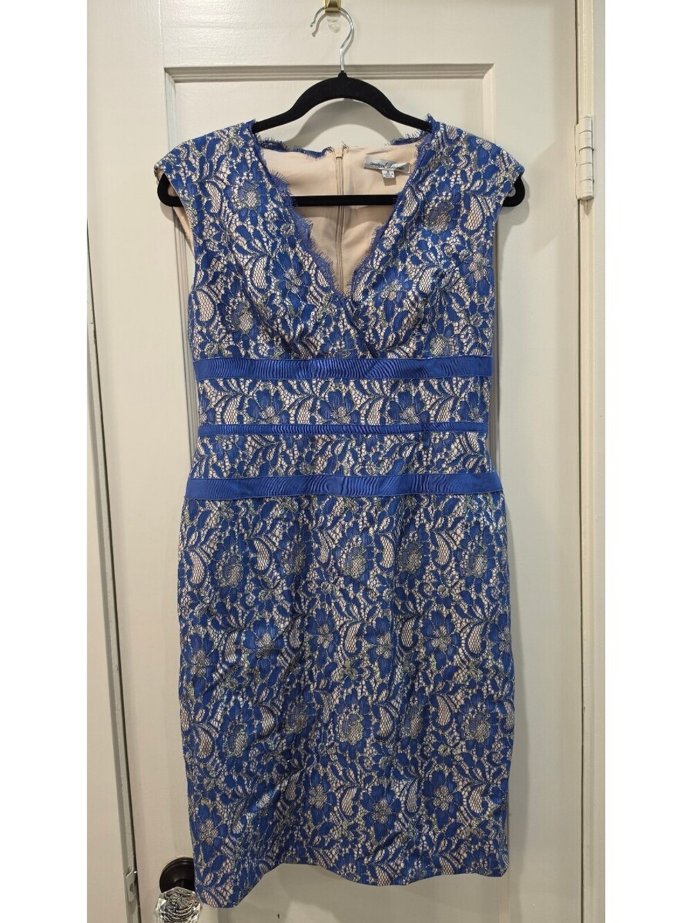 Simply Liliana Blue Lace Sheath Dress Size 8 with Nude Lining